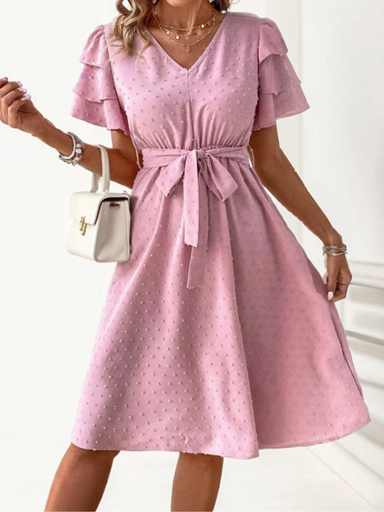 Damen Midi-Kleid mit schickem V-Ausschnitt und voluminösen Rüschensäumen R&B