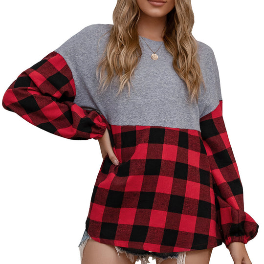 Damen lässiger Oversized Pullover mit Karomuster und voluminösen Ärmeln R&B