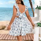 Damen Sommerliches Blütenkleid mit Rüschendetails und Quadrat-Ausschnitt R&B