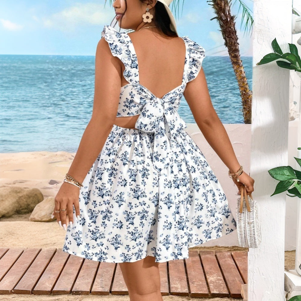 Damen Sommerliches Blütenkleid mit Rüschendetails und Quadrat-Ausschnitt R&B
