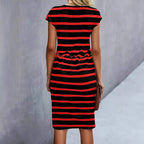 Damen Freizeitleinenkleid mit bunten Streifen und verstellbarem Taillenzug R&B
