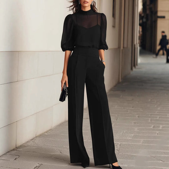 Damen elegantes Blusenset mit weiten Beinen und transparenten Ärmeln R&B