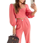 Damen Crop-Top und High-Waist Hose Set mit Puffärmeln R&B