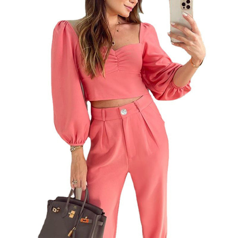 Damen Crop-Top und High-Waist Hose Set mit Puffärmeln R&B