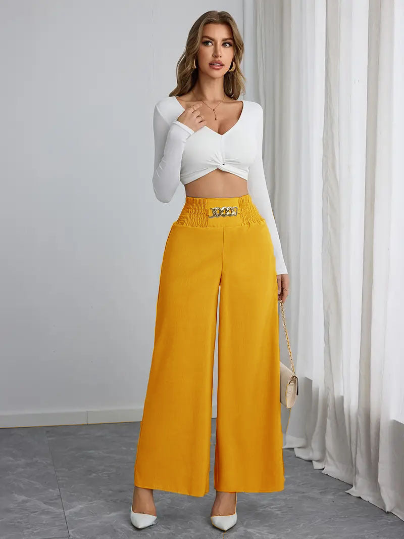 Damen Weite High-Waist Hose mit dekorativem Gummizug und modischem Gürtel R&B