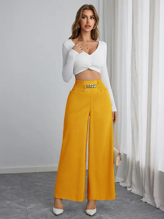 Damen Weite High-Waist Hose mit dekorativem Gummizug und modischem Gürtel R&B