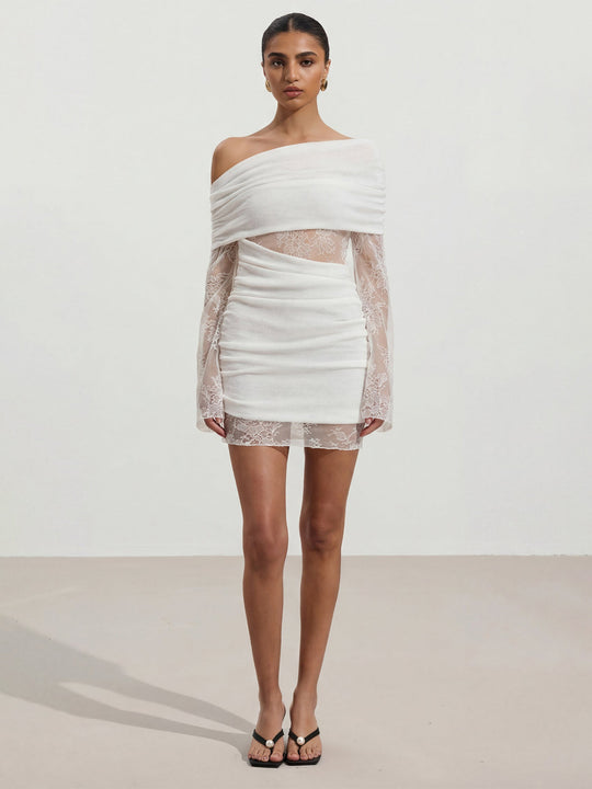 Damen Elegantes Chiffon Minikleid mit raffinierten Spitzenärmeln und schulterfreiem Design R&B