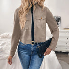 Damen modische Kurzjacke aus hochwertigem Kunstleder mit praktischen Taschen R&B