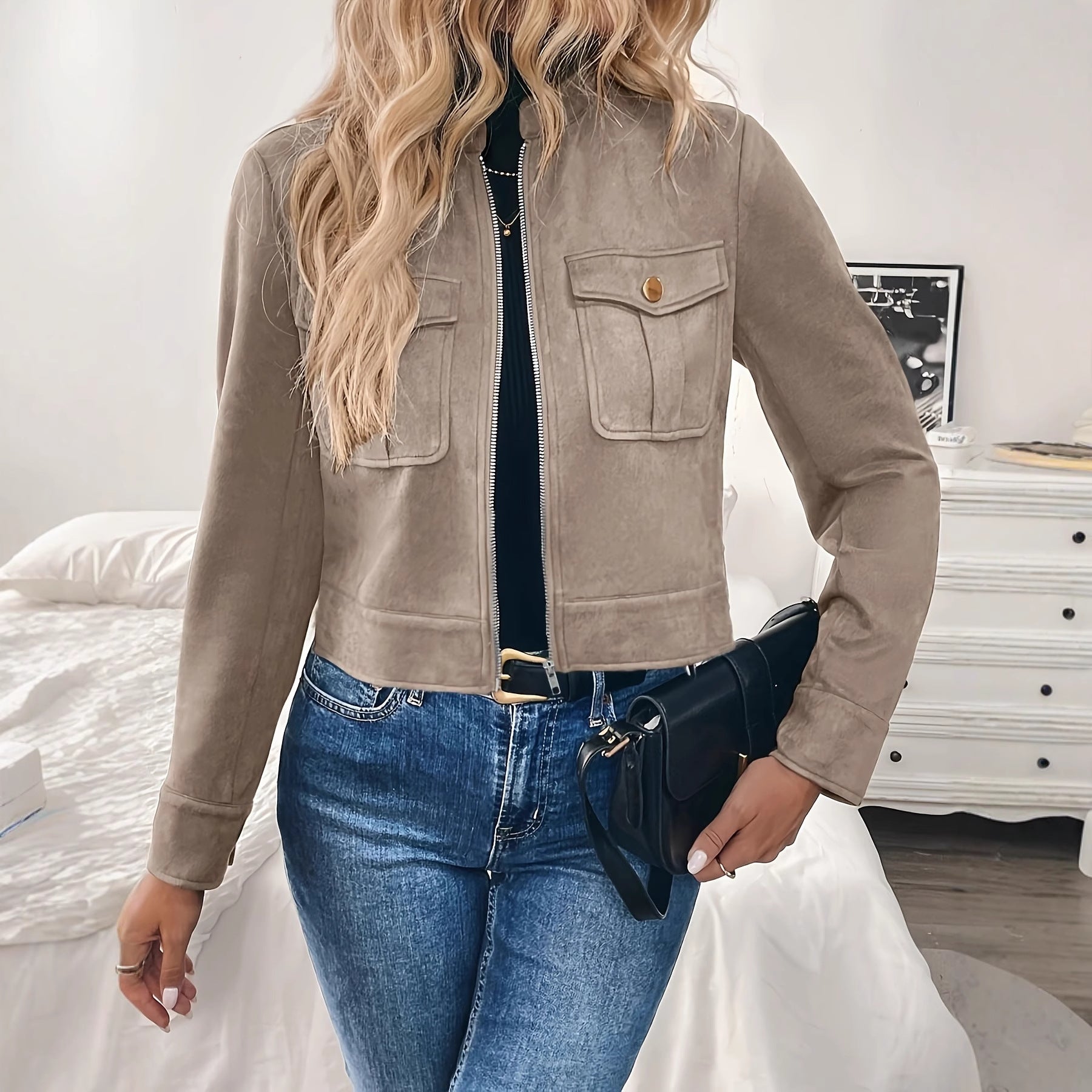 Damen modische Kurzjacke aus hochwertigem Kunstleder mit praktischen Taschen R&B