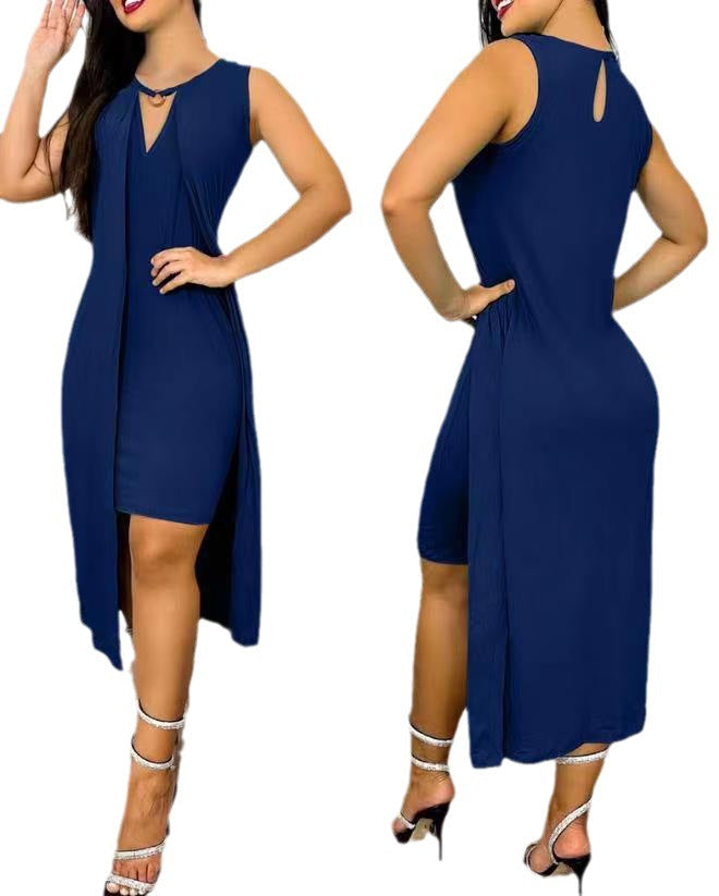 Damen ärmelloses Maxikleid mit tiefem V-Ausschnitt und seitlichem Schlitz R&B