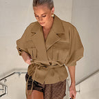 Damen Elegante Utility-Jacke mit Taillengürtel und praktischen Taschen R&B