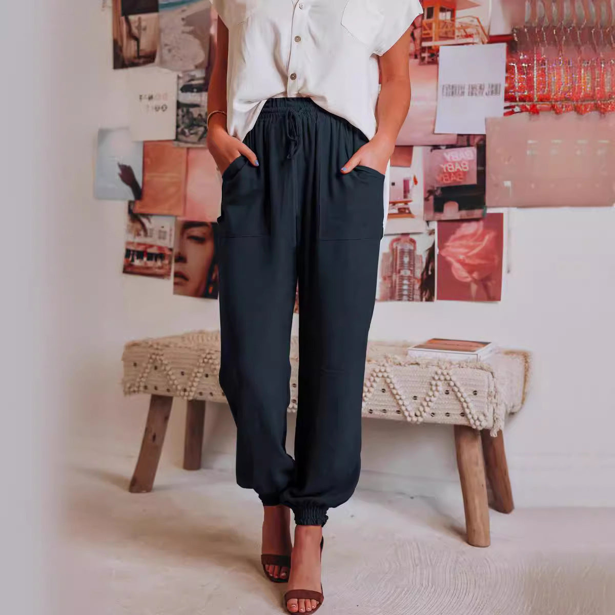 Damen Bequeme und legere Hose mit elastischem Bund und vielseitigen Taschen R&B