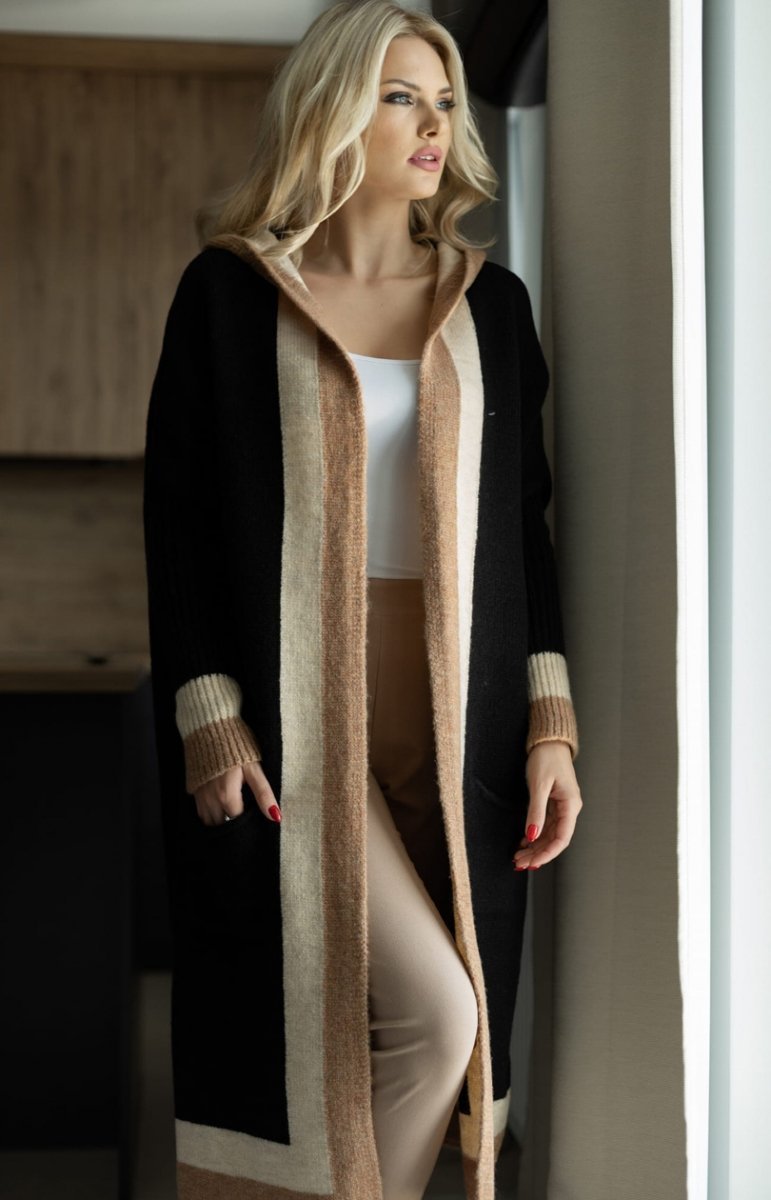 Damen lässiger Strickmantel mit praktischen Taschen und breitem Kragen R&B