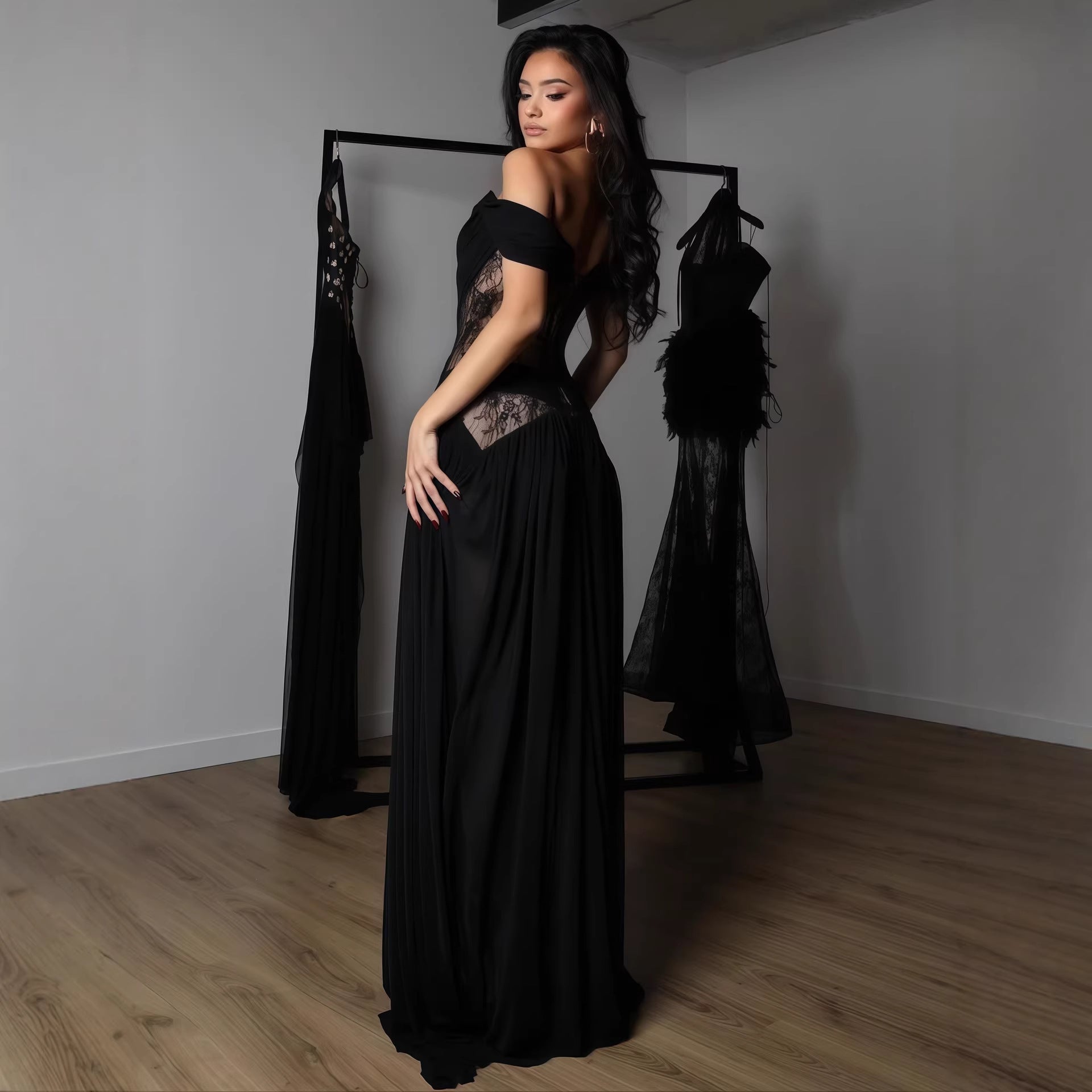 Damen Elegantes Spitzenkleid mit tiefem Schlitz und trägerlosem Schnitt R&B