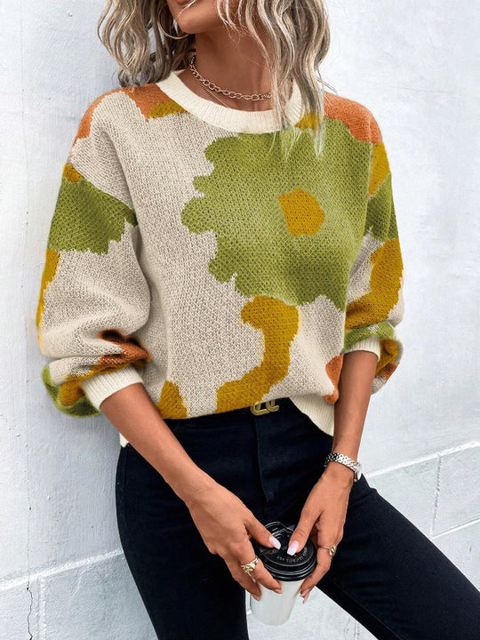 Damen modischer Pullover mit floralem Muster und weiten Ärmeln R&B