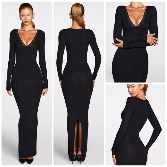 Damen figurbetontes Maxikleid mit tiefem V-Ausschnitt und eleganten Spitzenakzenten R&B