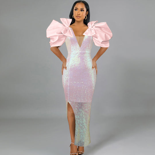 Damen Figurbetontes Glamour-Kleid mit schimmerndem Stoff und voluminösen Ärmeln R&B