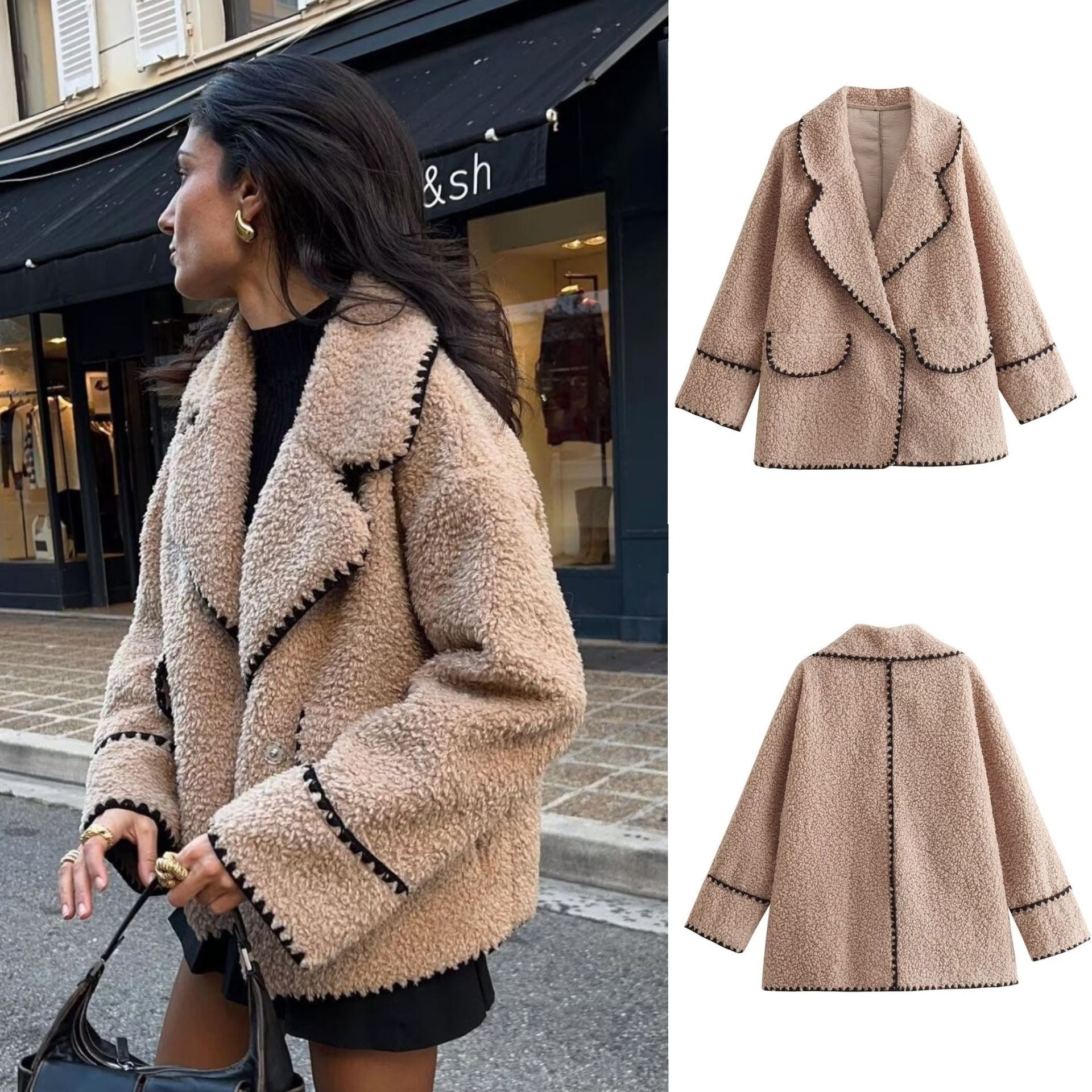 Damen nan kurz geschnittener Teddy-Mantel mit großem Schalkragen, aufgesetzten Taschen und kontrastierendem Zierbesatz R&B