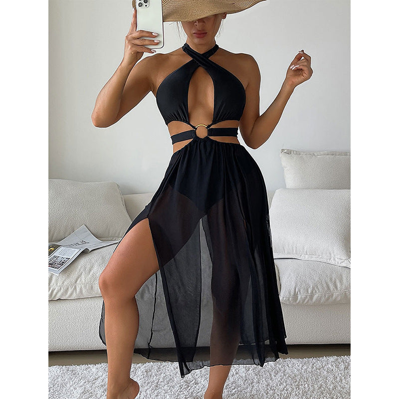 Damen Strandkleid mit tiefem V-Ausschnitt und elegantem Ringdetail R&B