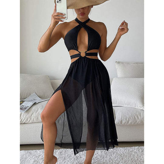 Damen Strandkleid mit tiefem V-Ausschnitt und elegantem Ringdetail R&B
