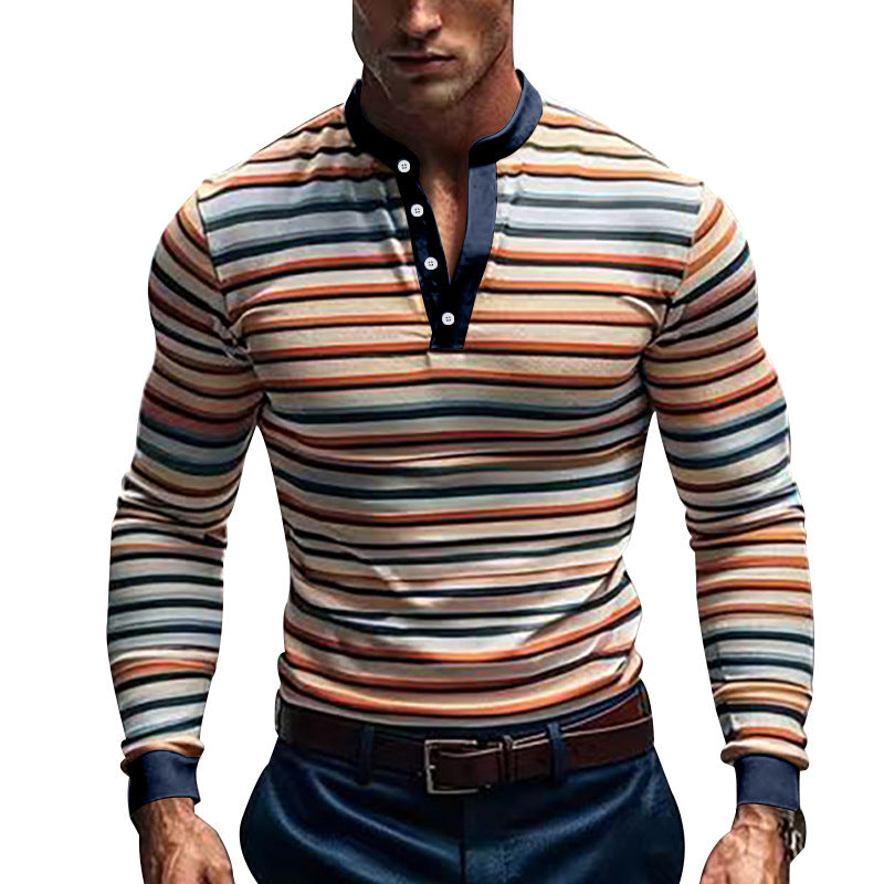 Herren Langarm-Henley-Shirt mit strukturiertem Streifenmuster und bequemen Kragen R&B