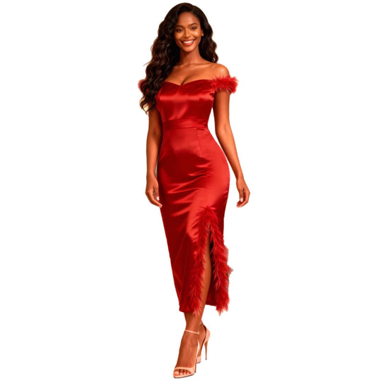 Damen elegantes Abendkleid mit raffinierter Feder-Verzierung R&B