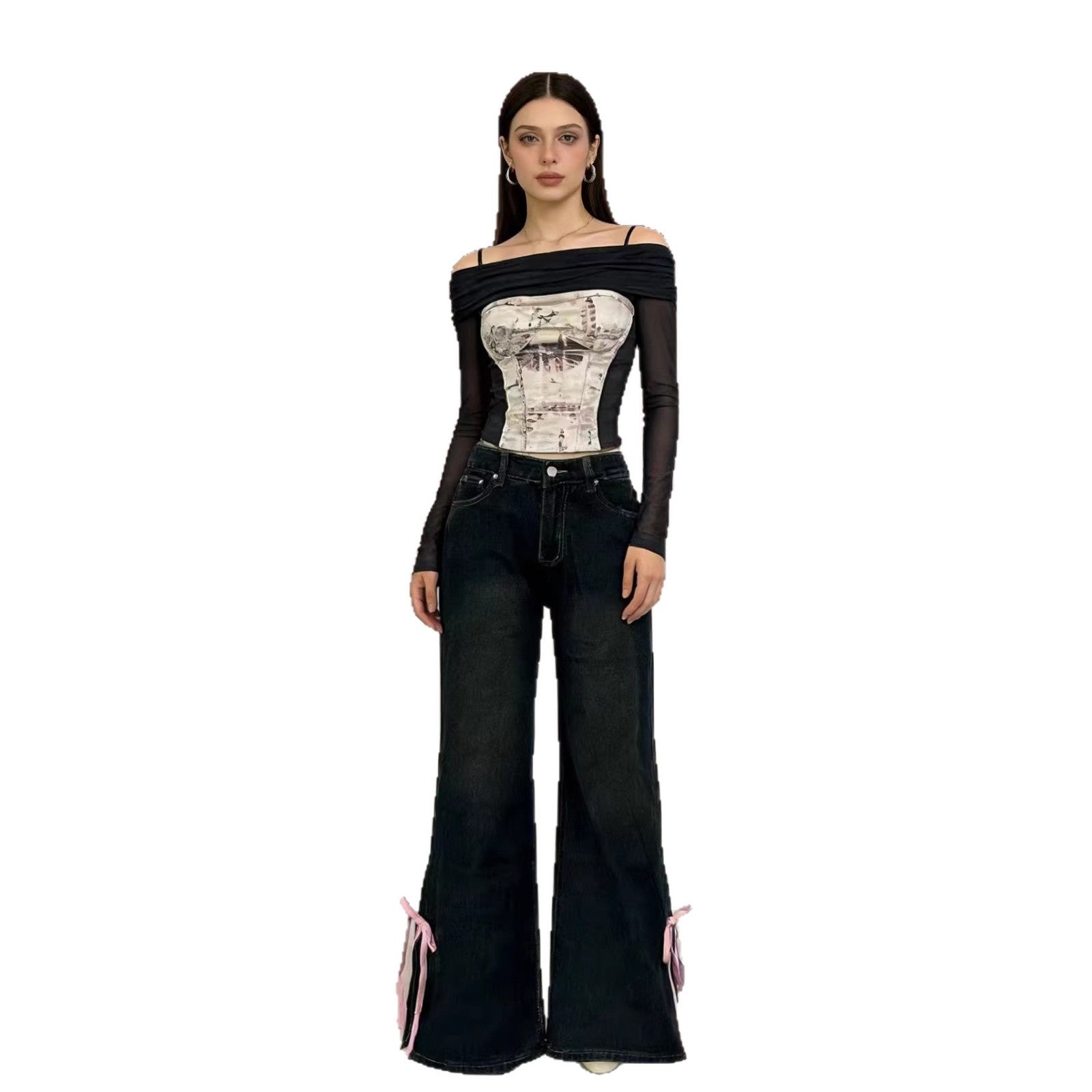 Damen Weite Jeans mit dekorativen Schnürdetails