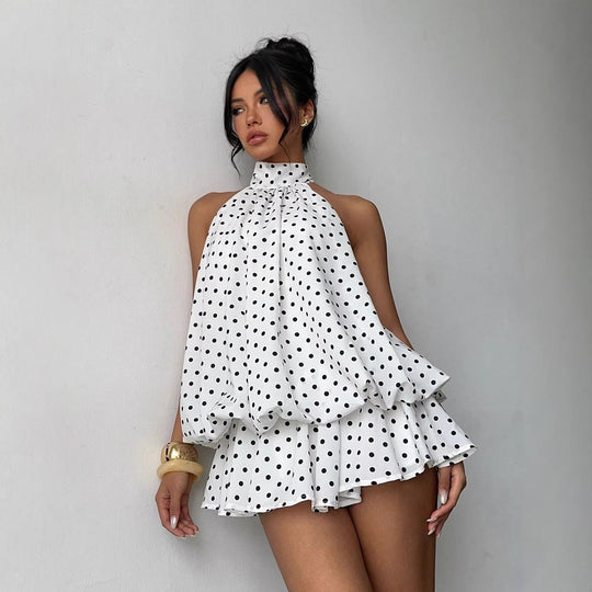 Damen modisches Polka-Dots Set mit hohem Kragen und voluminösen Ärmeln R&B