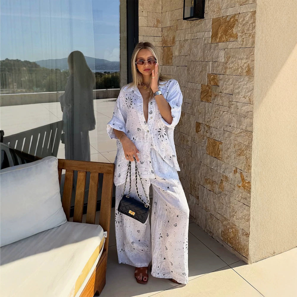 Damen nan luftiger Lochstickerei Strand-Zweiteiler mit Oversize-Hemd, Brusttasche und weiter Palazzohose R&B