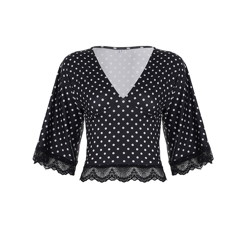 Damen Polka-Dot Blusenshirt mit Spitzenverzierung R&B