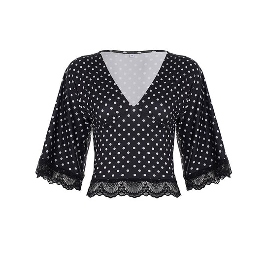 Damen Polka-Dot Blusenshirt mit Spitzenverzierung R&B