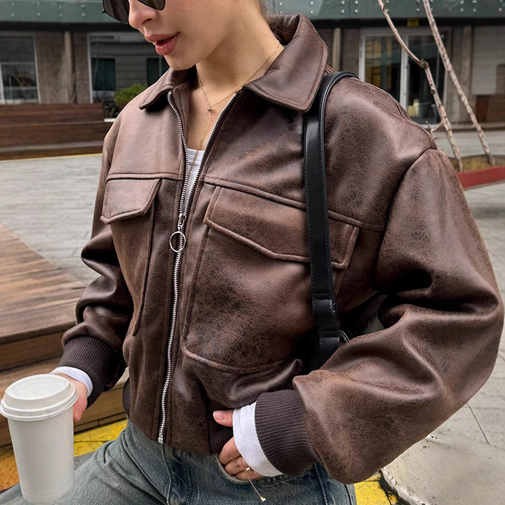 Damen cropped Kunstlederjacke mit Taschen R&B