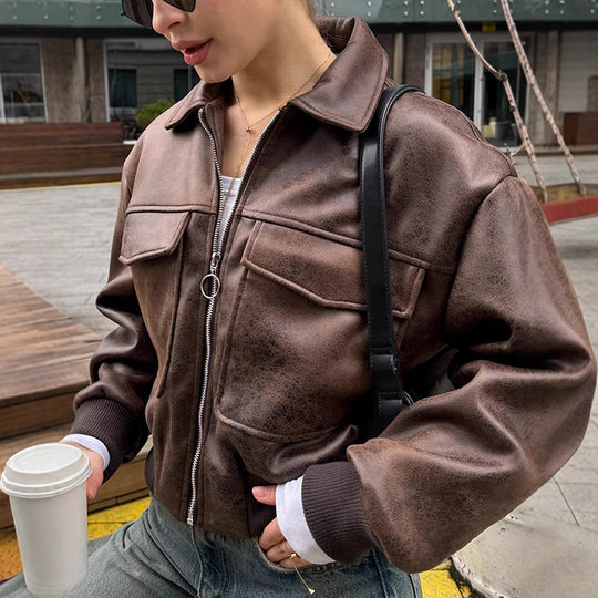 Damen cropped Kunstlederjacke mit Taschen R&B