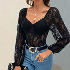 Damen Spitzen-Bodysuit mit Puffärmeln und raffiniertem Ausschnitt R&B