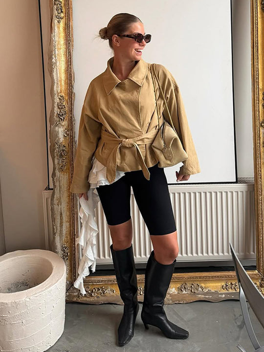 Damen lässige Oversized-Jacke mit Taillenschnürung R&B