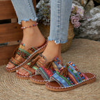 Damen bequeme Pantoletten mit buntem Streifen-Design und Quasten-Detail R&B
