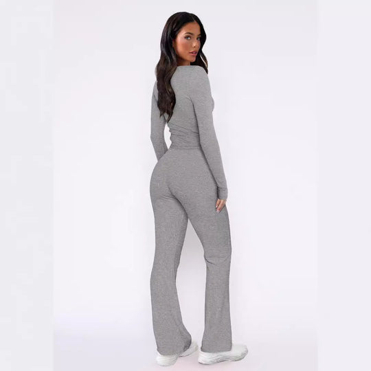 Damen bequemes Oberteil mit Knopfleiste und lockerer Hose R&B