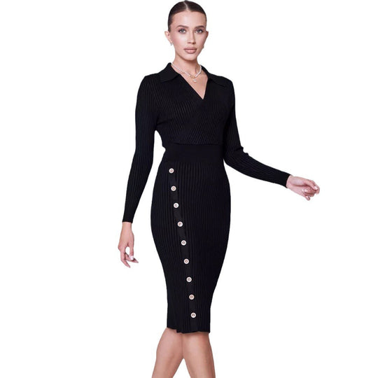 Damen Strickkleid mit elegantem Kragen und Knopfdetail R&B