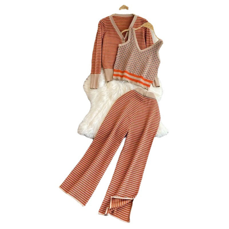 Damen Stylisches Strick-Loungewear-Set mit Tiefem V-Ausschnitt und Weit Geschnittenen Hosen R&B