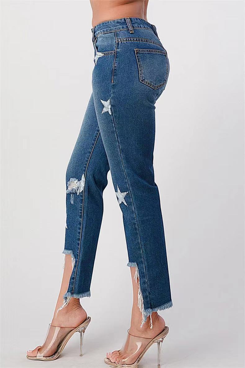 Damen modische Jeans mit Sternen-Design und fransigem Saum R&B