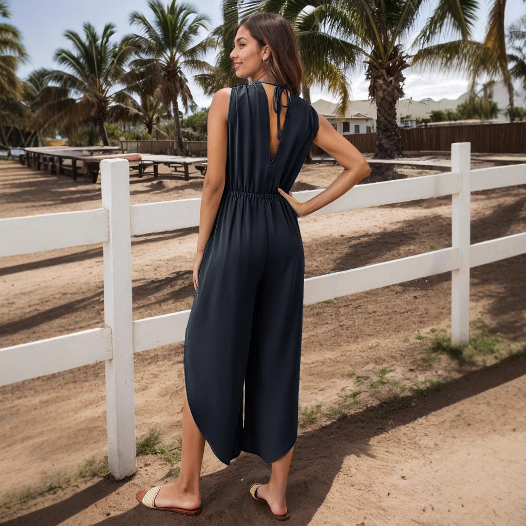 Damen Modischer Jumpsuit mit elegantem V-Ausschnitt und weitem Bein R&B