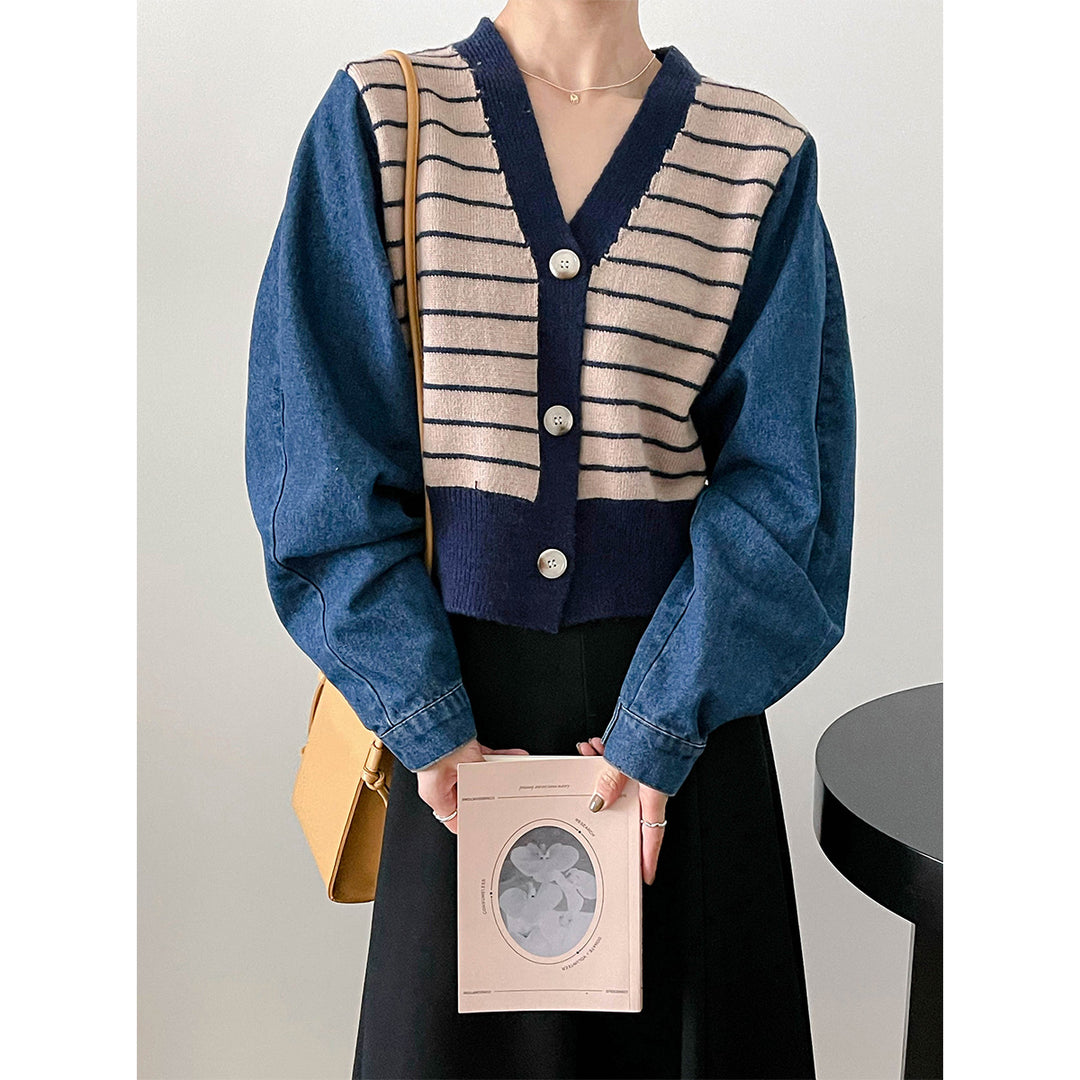 Damen modische Strickjacke mit modernen Streifen-Design und Raglanärmeln R&B