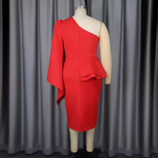 Damen figurbetontes Cocktailkleid mit asymmetrischem Rüschenvolant R&B