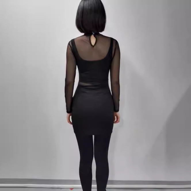 Damen elegantes Minikleid mit transparenten Ärmeln und Strassverzierungen R&B