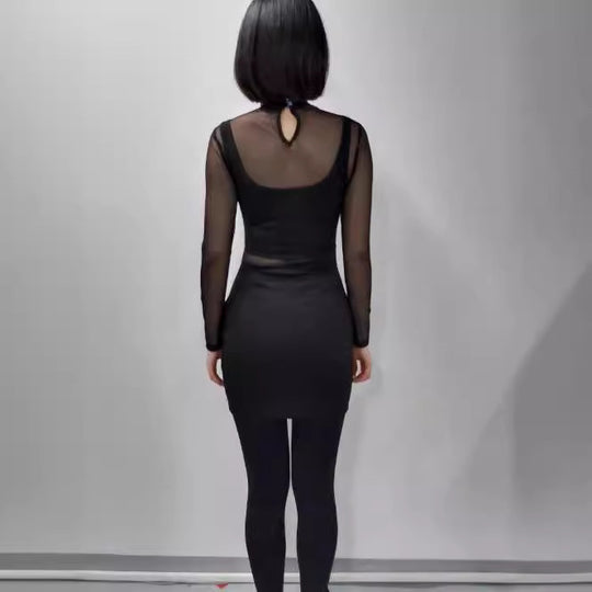Damen elegantes Minikleid mit transparenten Ärmeln und Strassverzierungen R&B