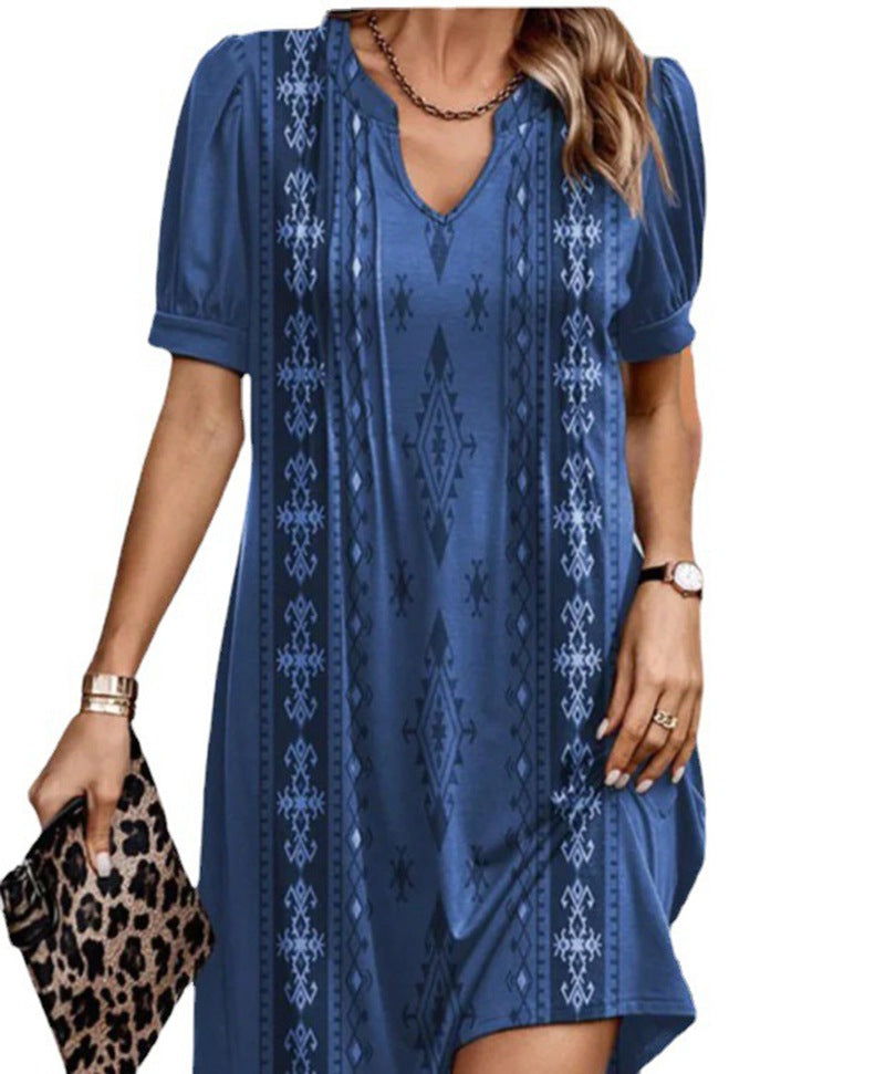 Damen nan locker geschnittenes A-Linien-Kurzkleid mit V-Ausschnitt, Volumenärmeln und vertikalem Ethno-Print R&B