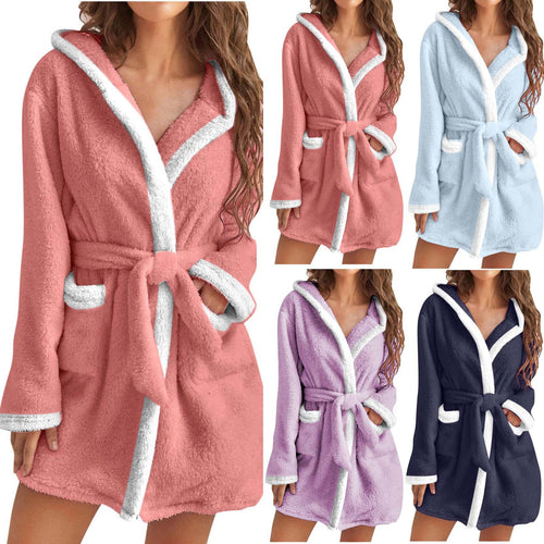 Damen kuscheliger Fleece-Bademantel mit Kapuze und Taschen R&B