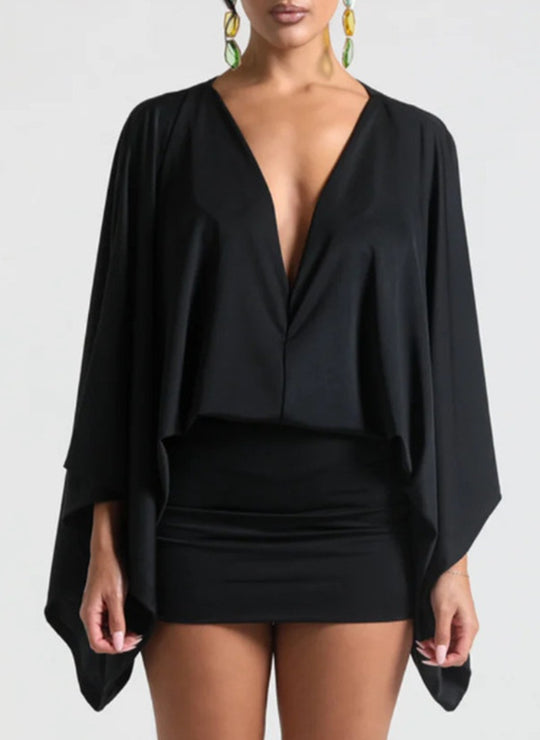 Damen nan Cape-Minikleid mit tiefem V-Ausschnitt, Fledermausärmeln und tailliertem Minirock R&B