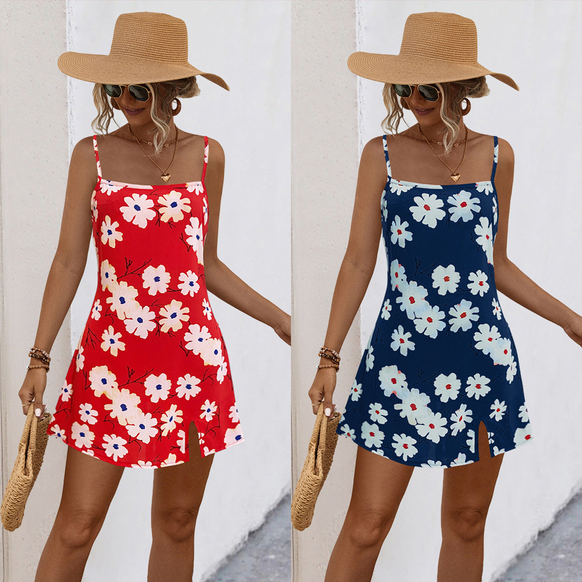 Damen Sommerliches Minikleid mit zarten Blumenmustern und verstellbaren Spaghetti-Trägern R&B