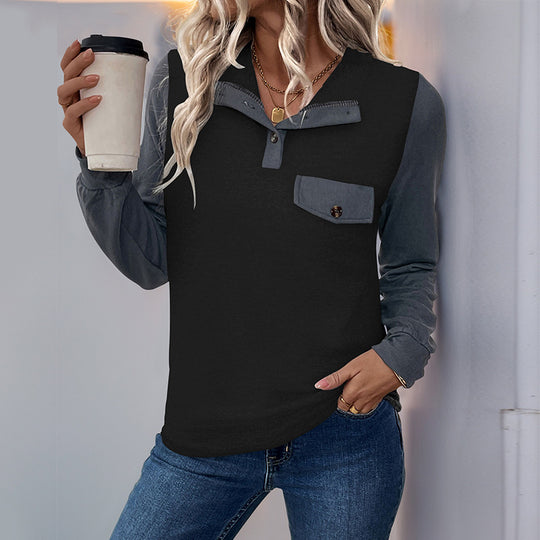Damen modischer Langarm-Pullover mit praktischer Brusttasche und Knopfleiste R&B